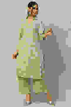 Green Rayon Straight Suit Set image number 0