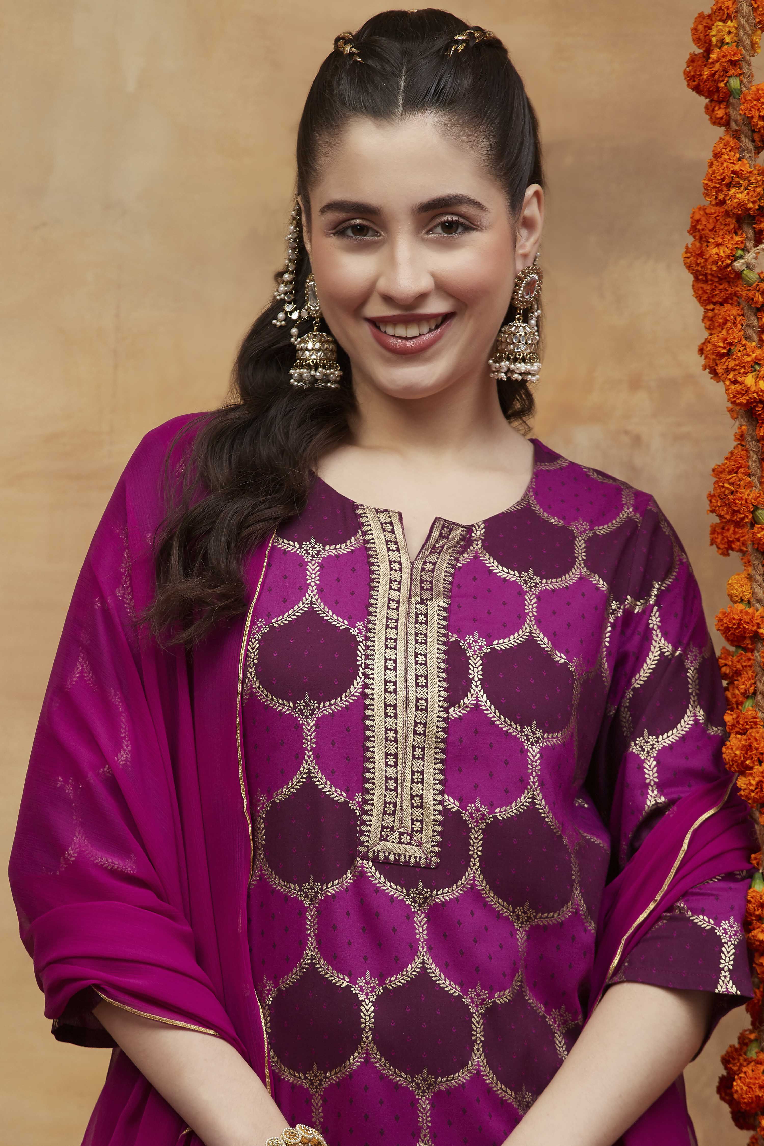 Purple Viscose Rayon Straight Printed Suit Set image number 1