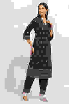 Navy Blue Cotton Printed Straight Kurta Set image number 5