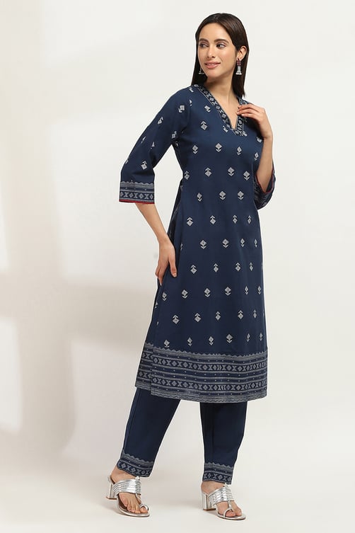Navy Blue Cotton Printed Straight Kurta Set image number 5