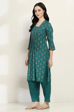 Teal Printed Straight Kurta Set image number 3