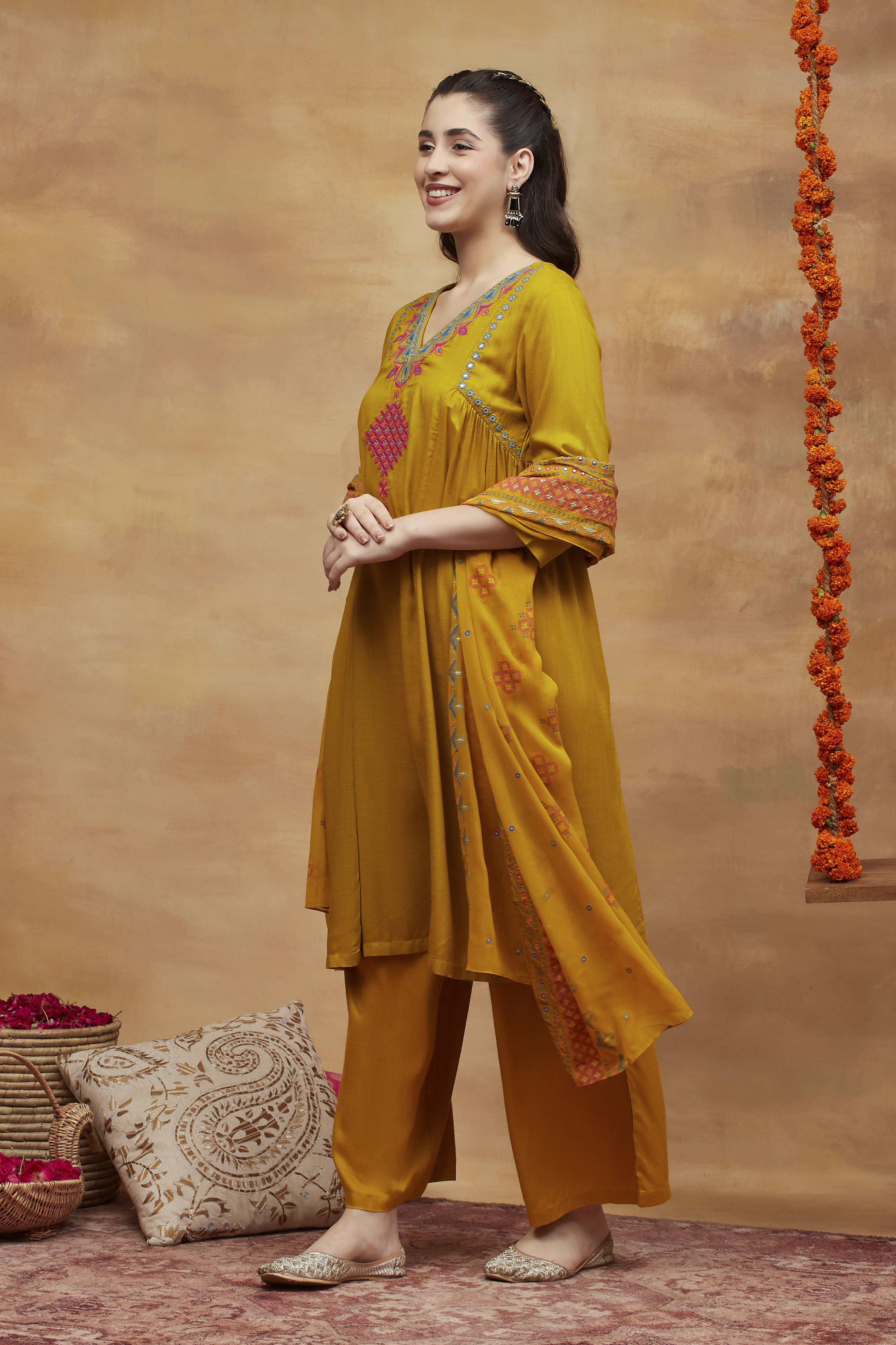 Yellow Viscose Rayon A-Line Solid  image number 3