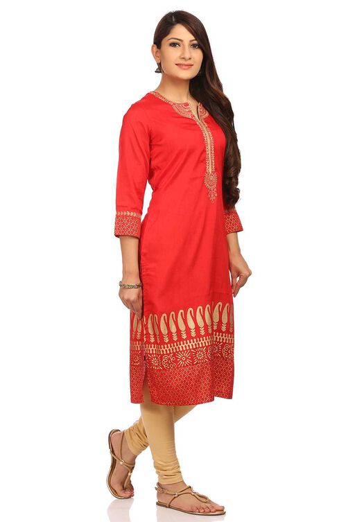 Red Straight Polyester Kurta image number 1