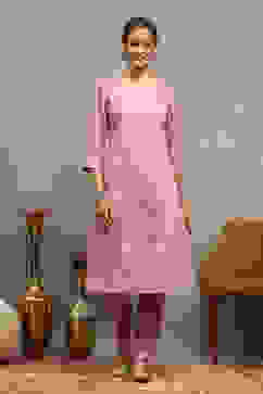 Lavender Viscose Blend Printed Straight Kurta Pants Set image number 5