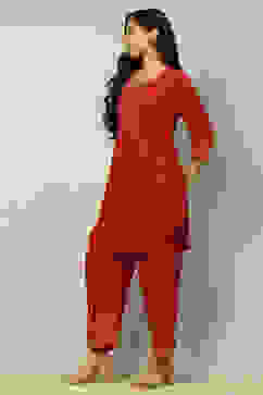 Red Viscose Blend Printed Festive Co-ord Set image number 3