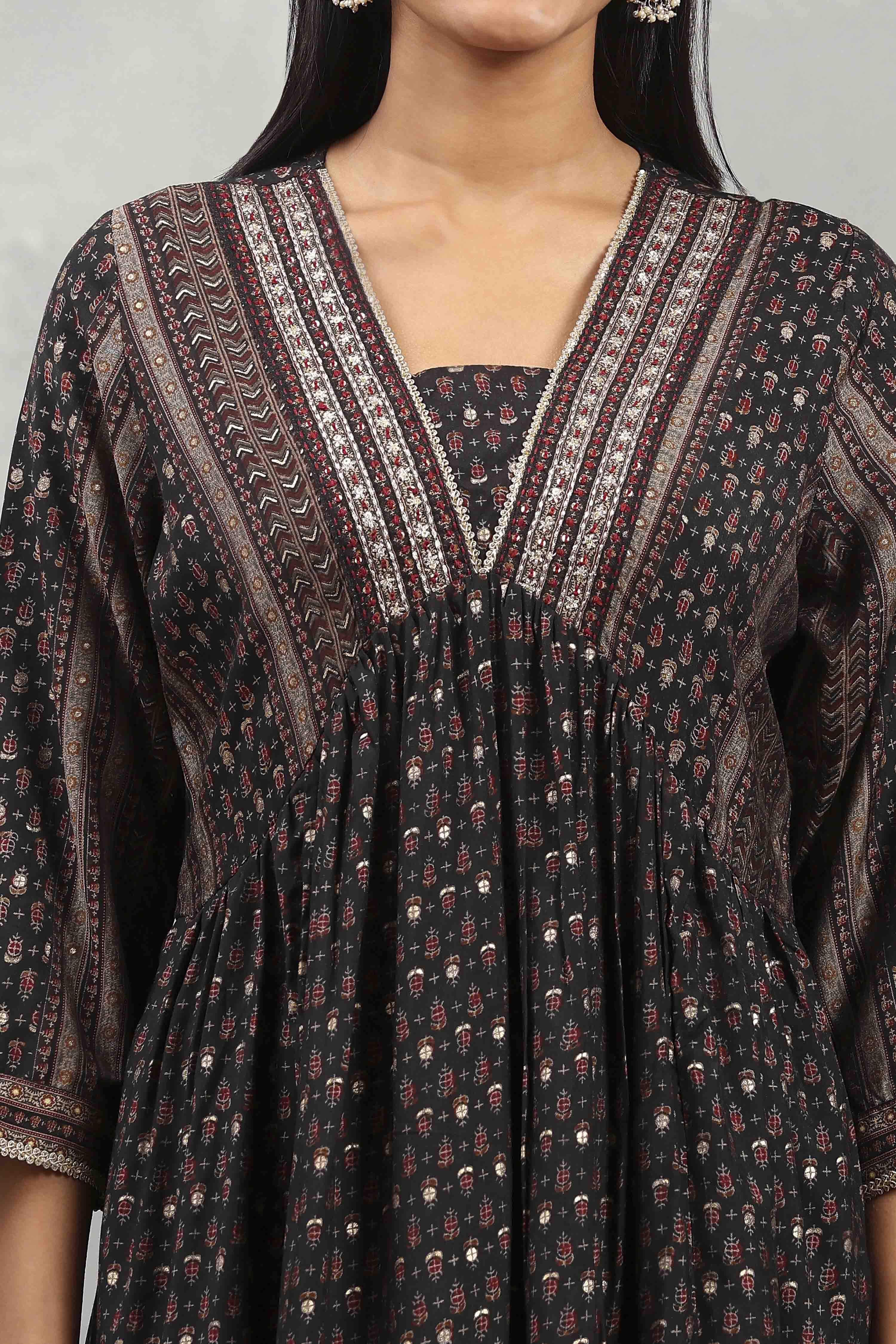 Black Viscose Rayon Printed Gathered Suit Set image number 1