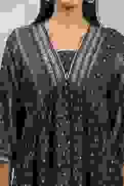 Black Viscose Rayon Printed Gathered Suit Set image number 1