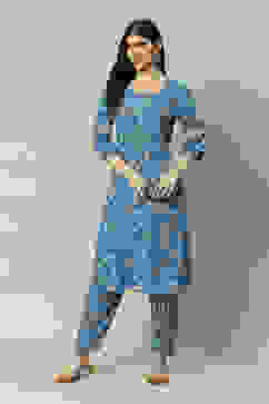 Blue LIVA Straight Printed Kurta Palazzo Suit Set image number 6