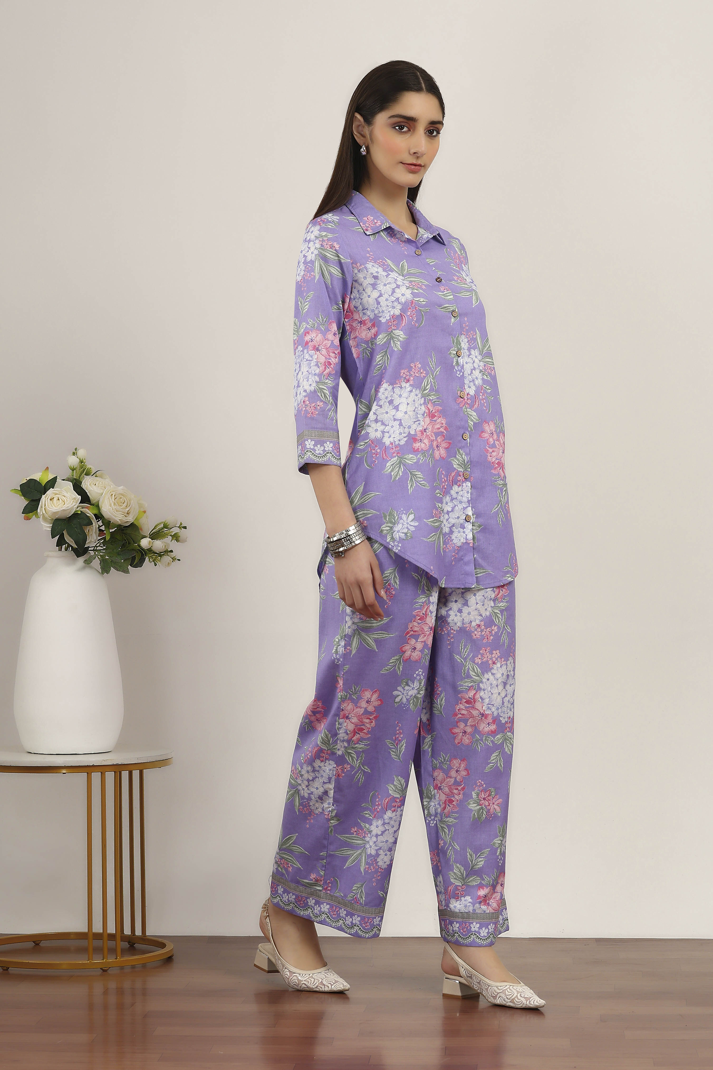 Purple Cotton Blend Cotton Flex Kurta Pants Set image number 5