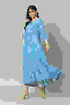 Aqua Blue LIVA Tiered Printed Dress image number 0