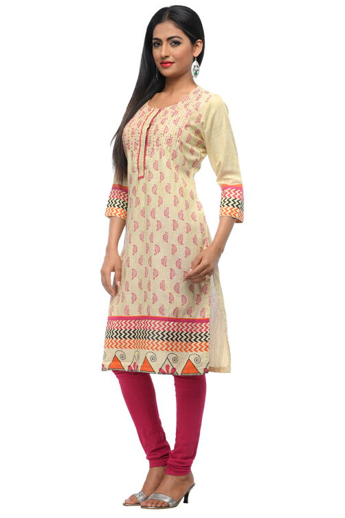 Beige Cotton Straight Kurta image number 1