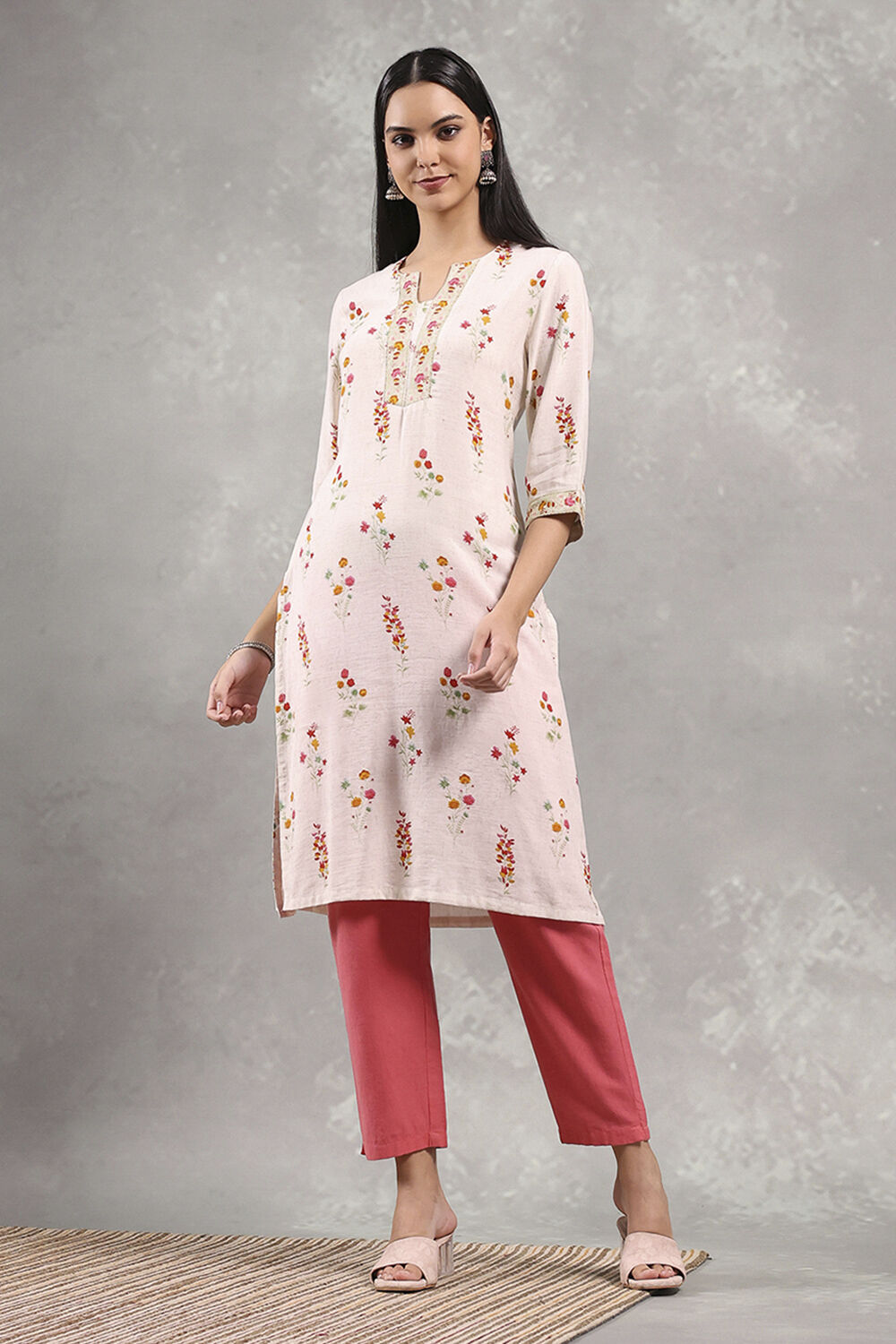 Off-White Printed Straight Kurta image number 0