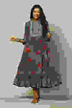 Indigo Blue LIVA Kalidar Printed Dress image number 0