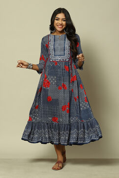 Indigo Blue LIVA Kalidar Printed Dress image number 0