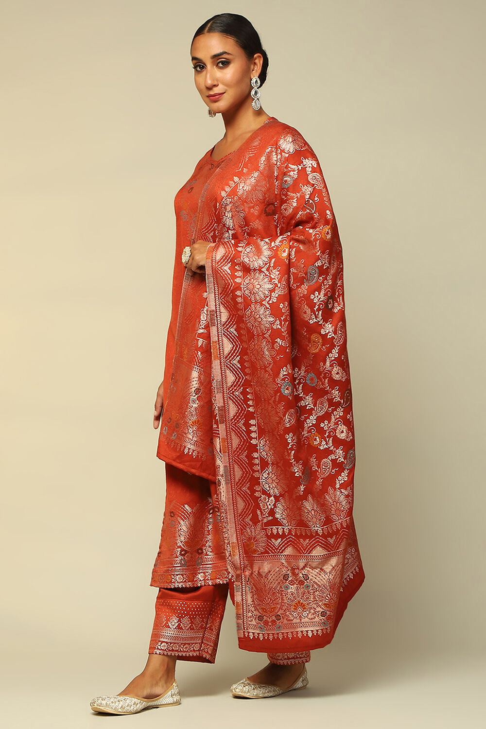 Rust-Red Acrylic Straight Yarn Dyed Kurta Palazzo Suit Set image number 3