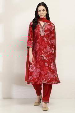 Red Printed Straight Suit Set image number 6