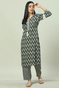 Olive Green LIVA Woven Straight Kurta Suit Set image number 0