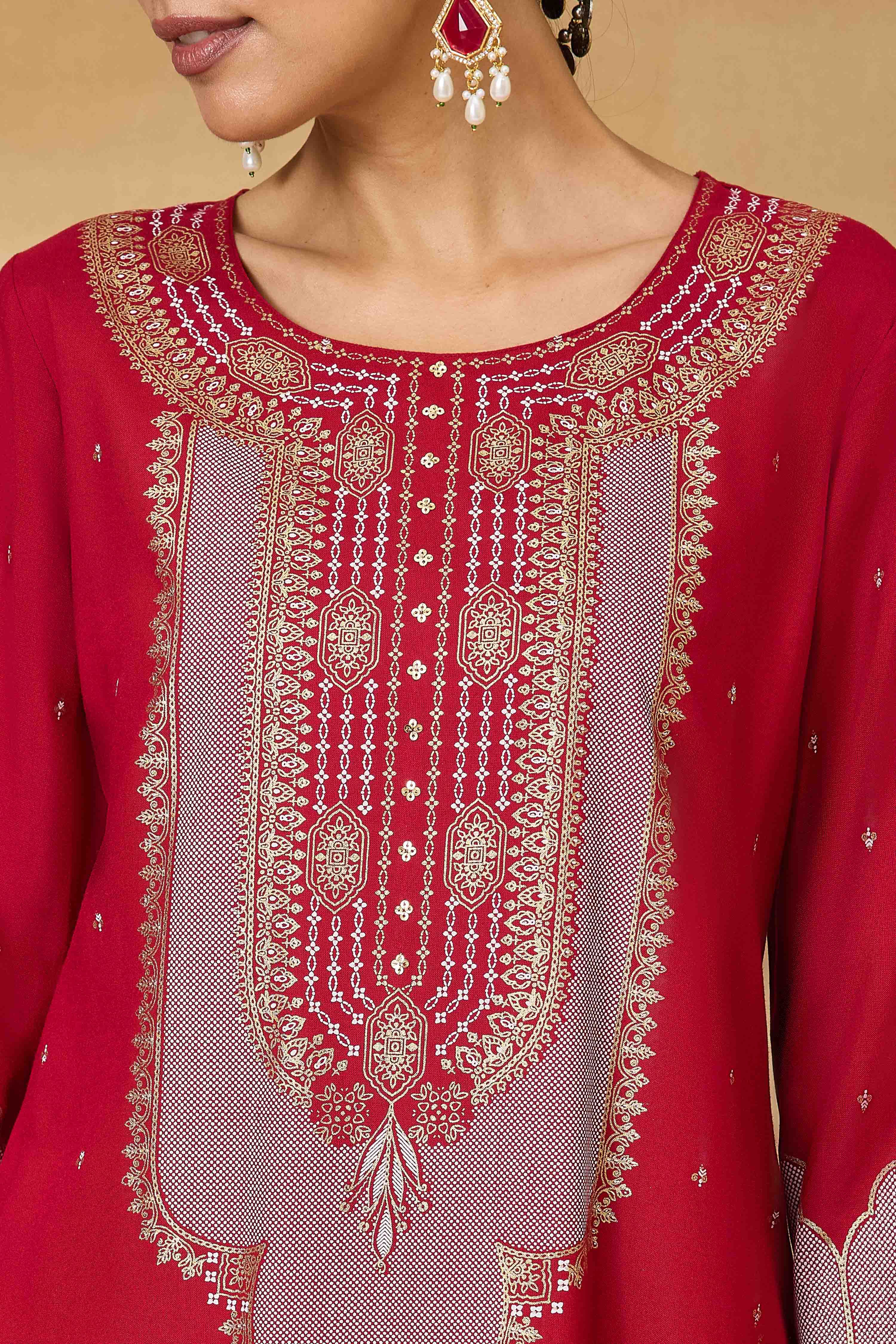 Red Viscose Rayon Straight Printed Kurta Pants Set image number 1