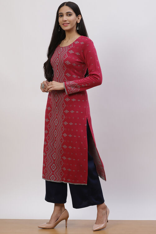 Pink Jacquard Straight Kurta image number 3