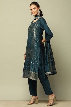 Blue Viscose Blend Straight Yarn Dyed Kurta Palazzo Suit Set image number 3