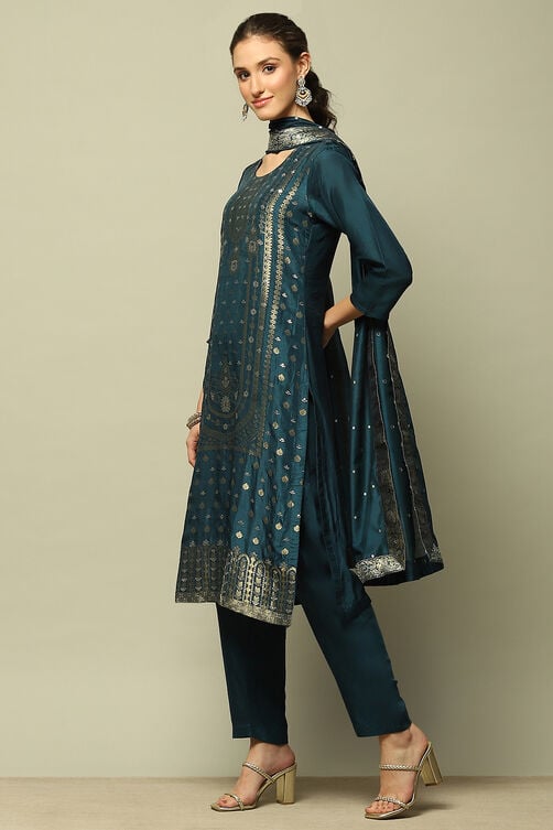 Blue Viscose Blend Straight Yarn Dyed Kurta Palazzo Suit Set image number 3