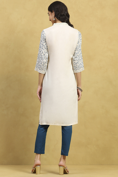 White and Blue Printed Straight Kurta image number 3