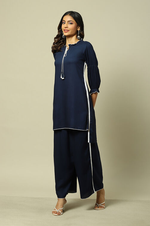 Indigo Viscose Woven Straight Kurta Suit Set image number 3