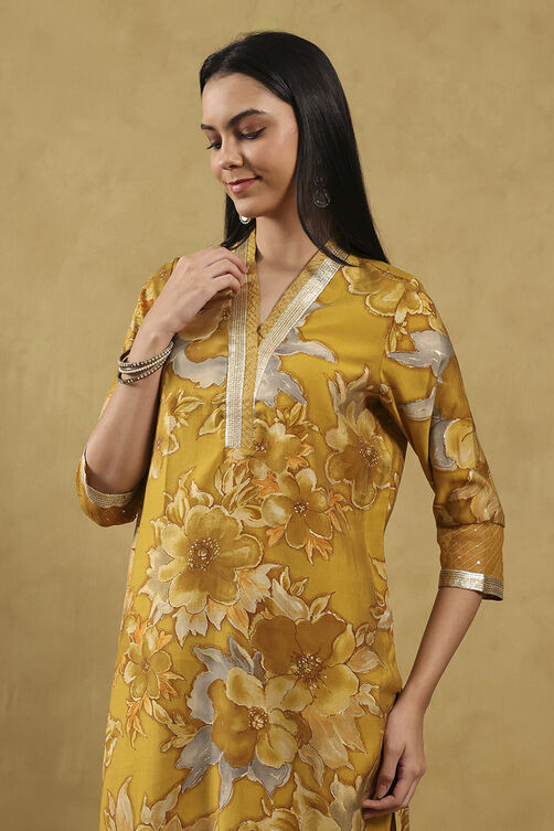 Mustard Viscose Blend Printed Straight Suit Set image number 1