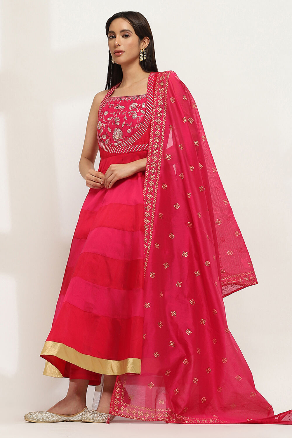 Red and Pink Tiered Anarkali Suit Set image number 0