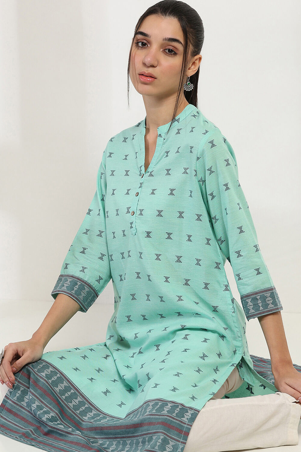 Green Cotton Printed Straight Kurta image number 0
