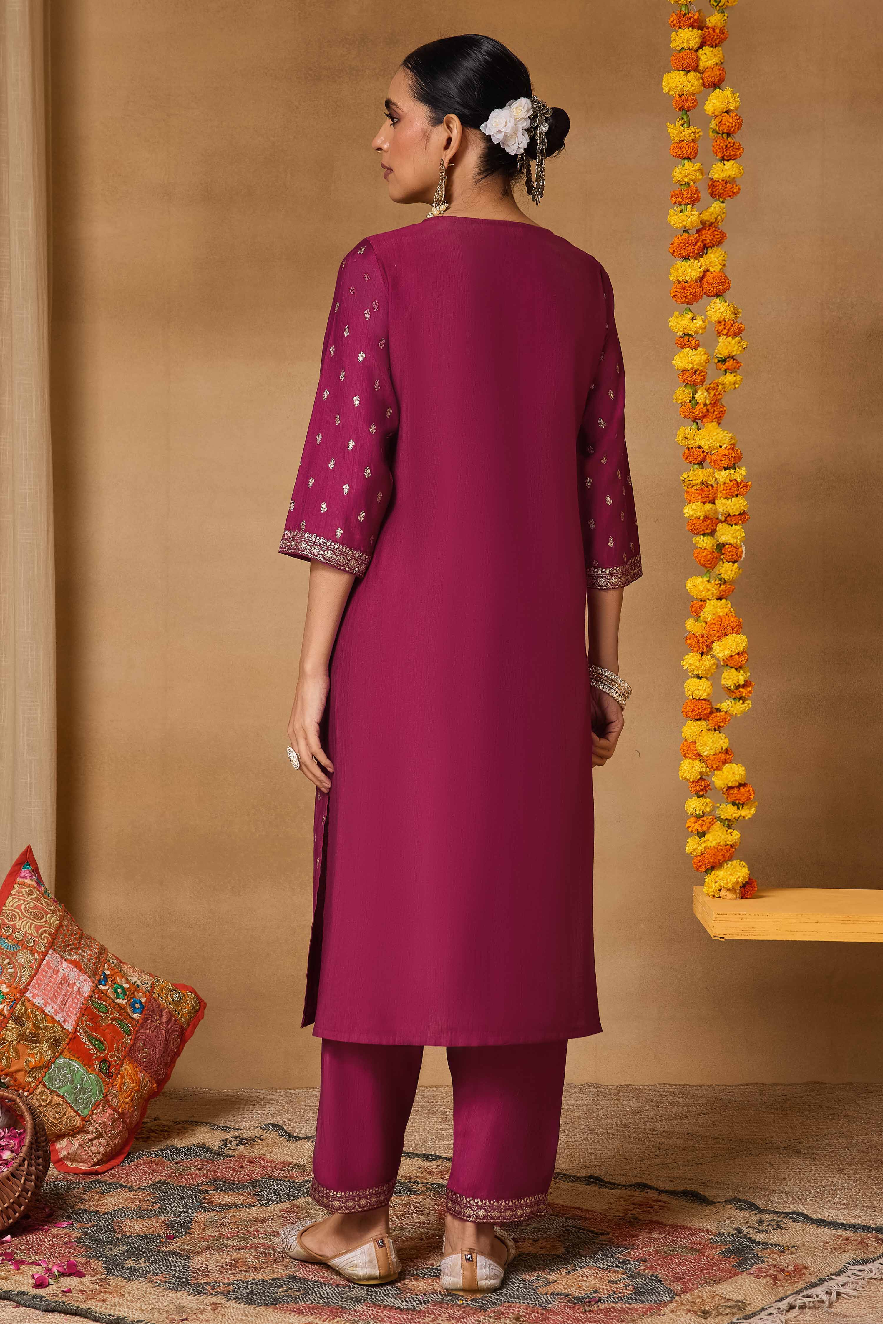 Maroon Viscose Blend Straight Printed Suit Set image number 5