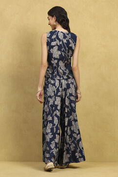 Indigo Blue Viscose Blend Printed Crop Top & Blouse Top Palazzo Set image number 4