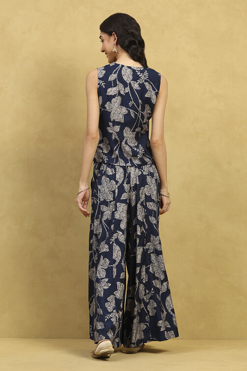Indigo Blue Viscose Blend Printed Crop Top & Blouse Top Palazzo Set image number 4