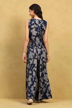 Indigo Blue Viscose Blend Printed Crop Top & Blouse Top Palazzo Set image number 4