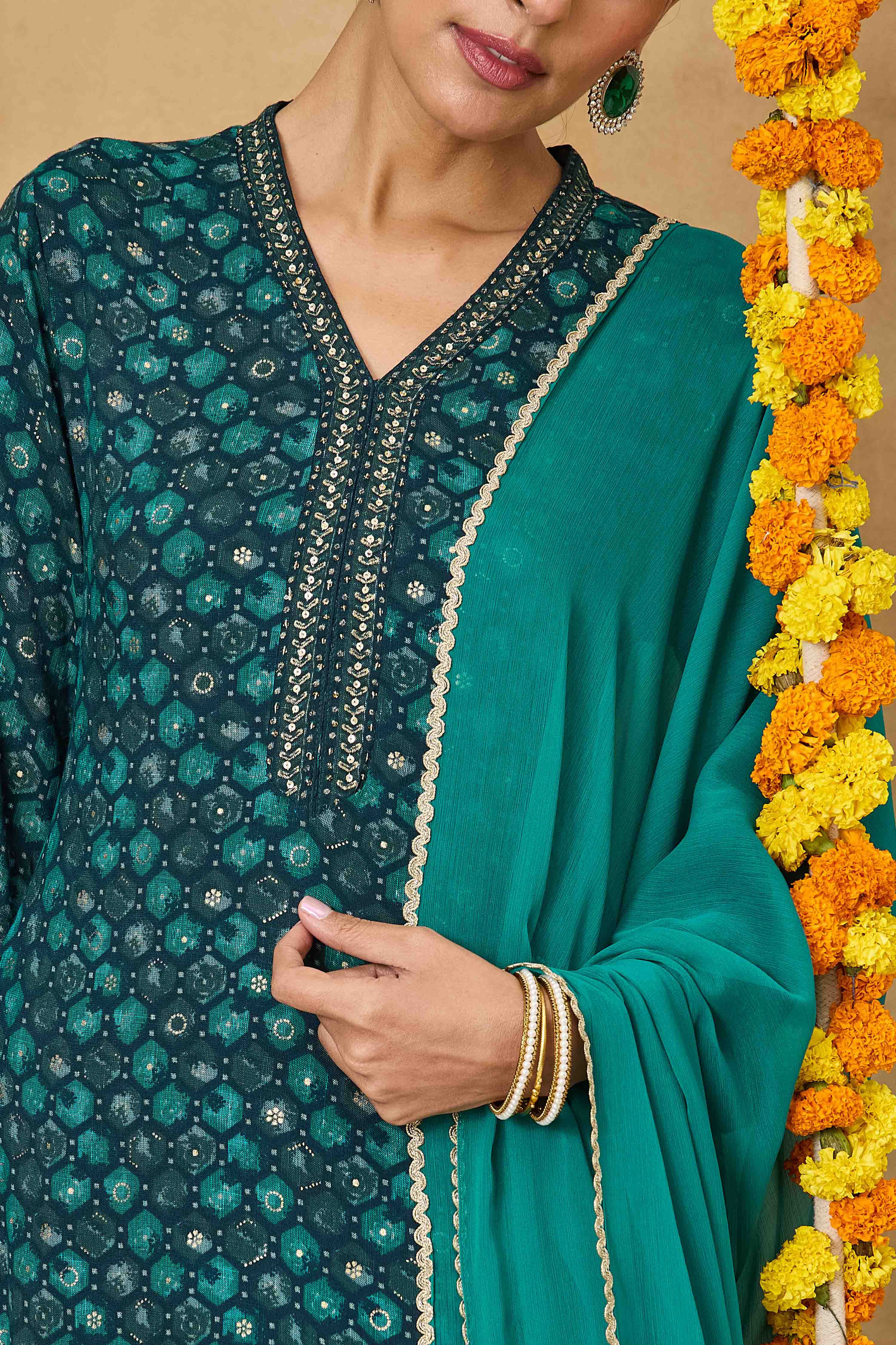 Teal Viscose Blend Straight Printed Suit Set image number 1