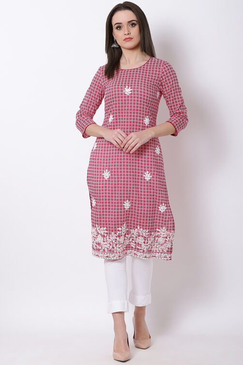 Pink Cotton Straight Kurta image number 6