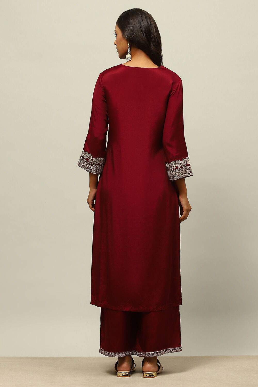 Wine Viscose Shantoon Straight Embroidered Kurta Palazzo Suit Set image number 4