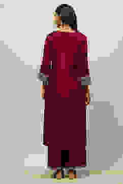 Wine Viscose Shantoon Straight Embroidered Kurta Palazzo Suit Set image number 4