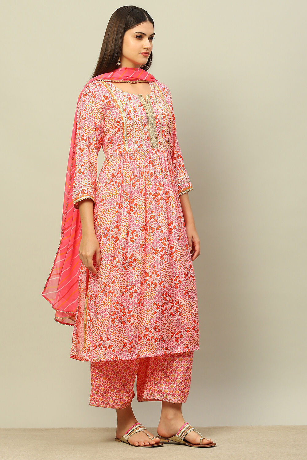 Orange Viscose Muslin Straight Printed Kurta Palazzo Suit Set image number 5
