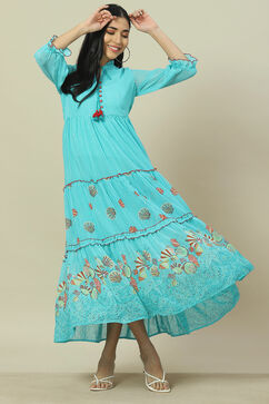 Sea Green Cotton Blend Tiered Dress image number 0