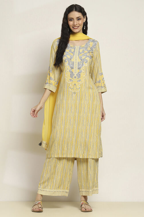 Yellow LIVA Woven Straight Kurta Suit Set image number 6