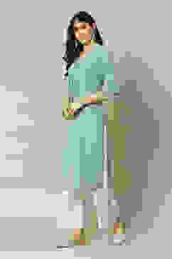 Green Polyester Straight Yarndyed Kurta image number 2