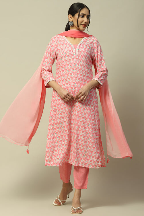 Green Printed Straight Kurta & Pants Suit Set image number 0