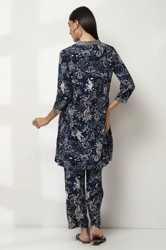 Navy Blue Printed Straight Co-ord Set image number 4