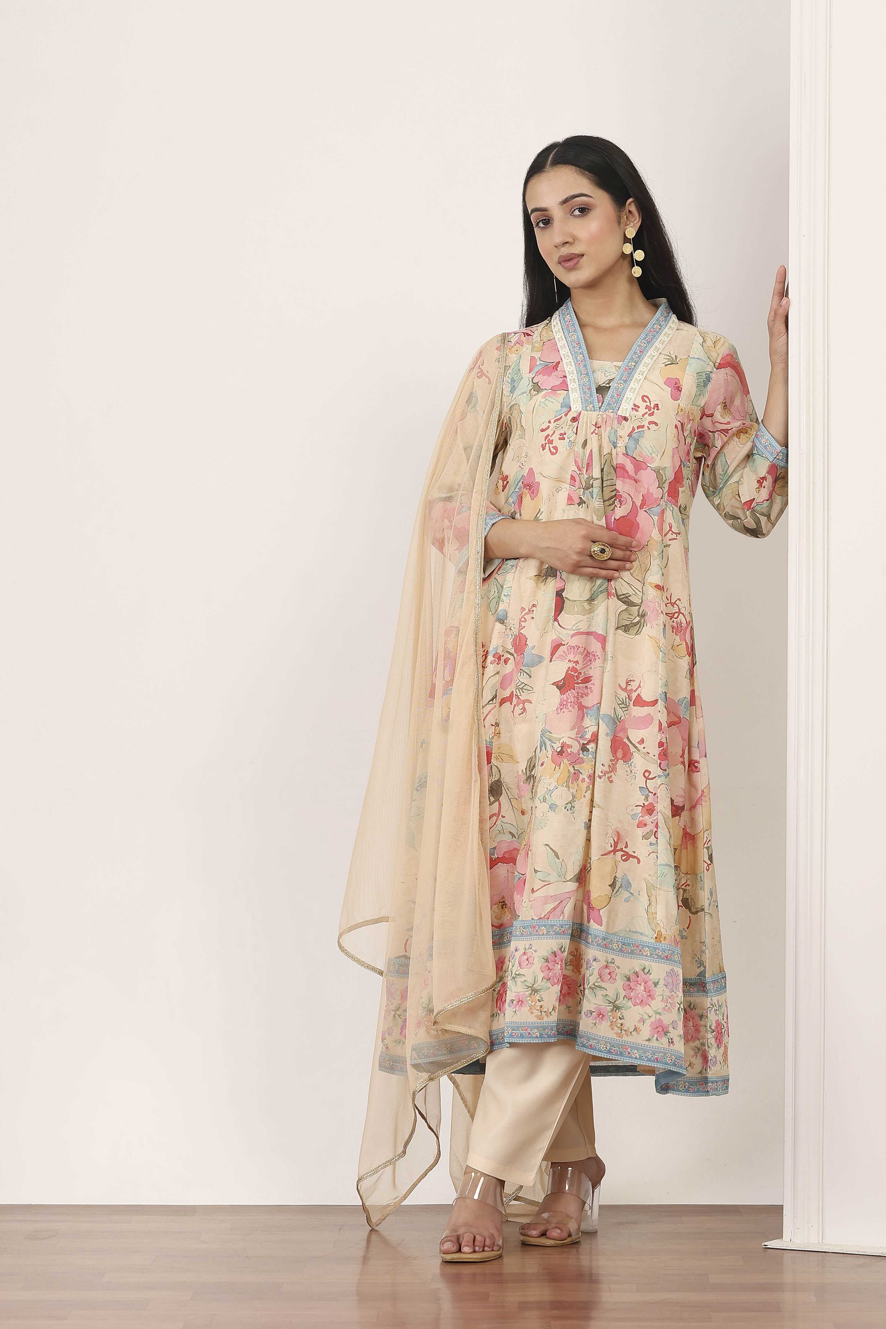 White Viscose Polyester Kalidar Suit Sets image number 0