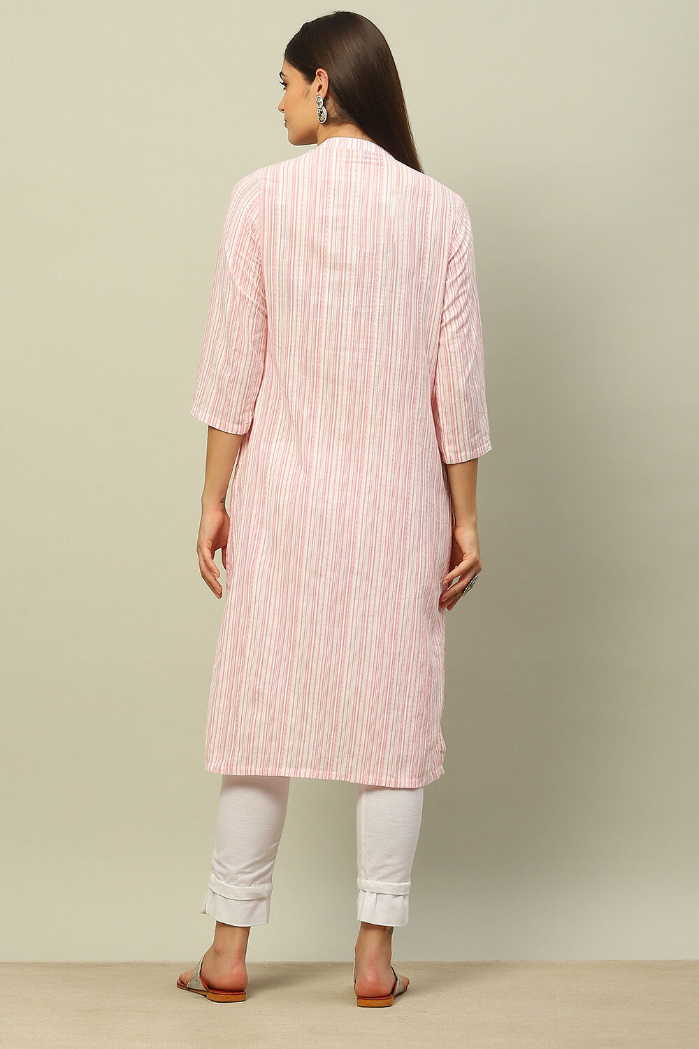 Pink Cotton Yarndyed Straight Kurta image number 3
