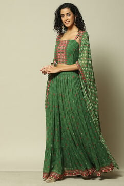 Green Polyester Straight Printed Kurta Skirt Suit Set image number 3