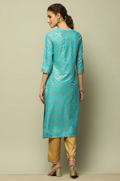 Aqua Blue Printed Straight Kurta image number 3