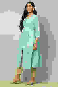 Aqua Blue Viscose Printed Gathered A-Line Kurta image number 2