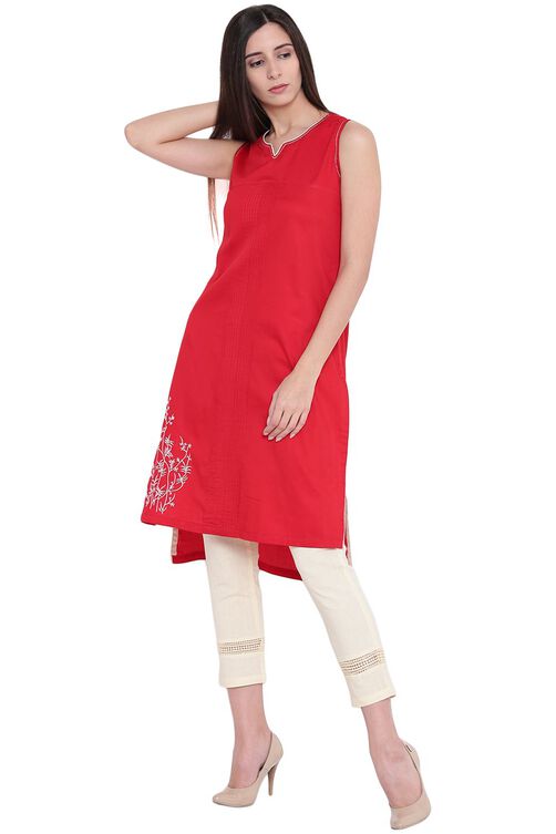 Red Cotton Straight Kurta image number 3